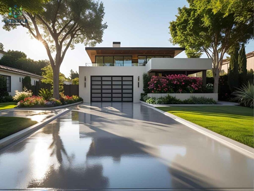 Modern epoxy-coated concrete driveway in sunny Los Angeles home