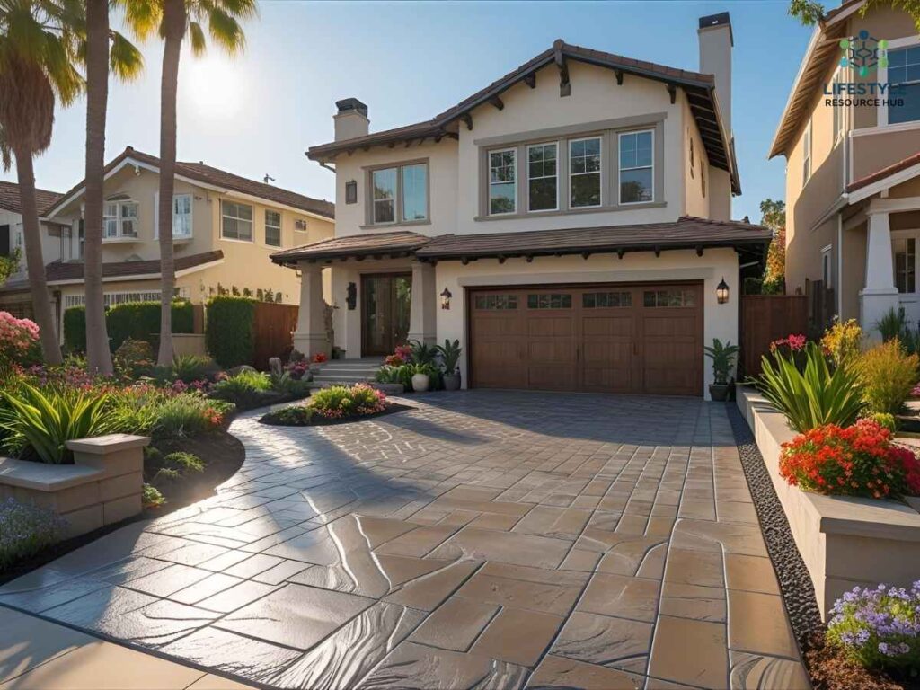 Stamped concrete driveway with slate pattern in Los Angeles neighborhood