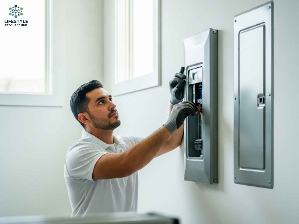 Electrician installing modern electrical panel in Los Angeles home
