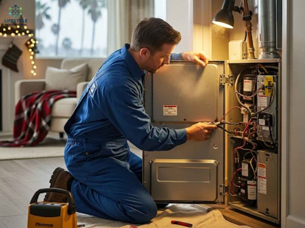 Furnace Repair & Maintenance for Chicago Winters (in Los Angeles) 1 Technician repairing residential furnace in Los Angeles home during winter season
