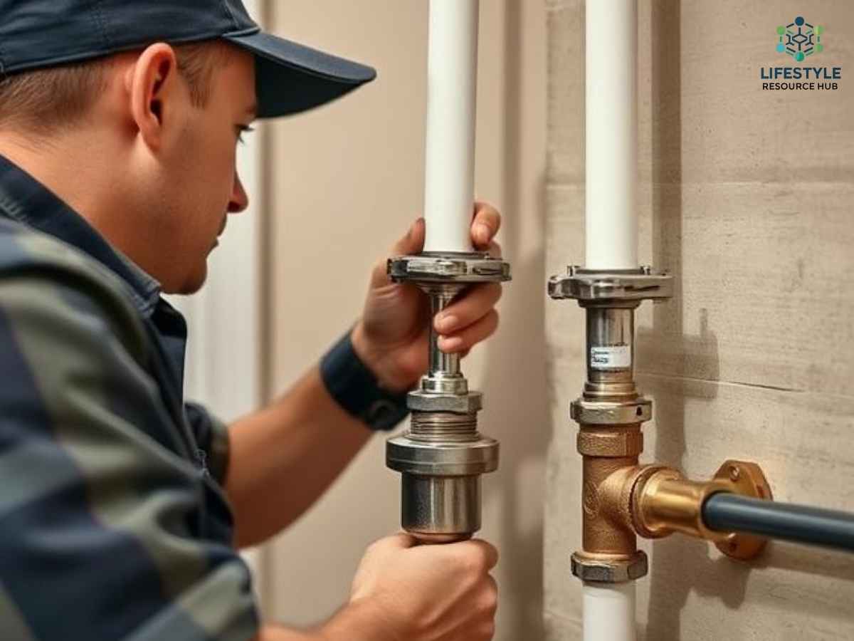 A Mission Valley plumber installing a water hammer arrestor in a Los Angeles home