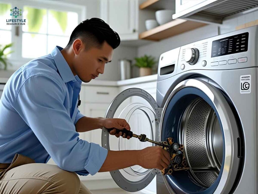 Technician repairing LG washer in a Los Angeles home, showing appliance reliability
