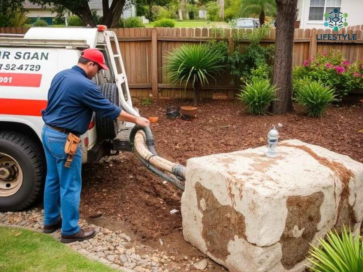 Technicians pumping septic tank in a Los Angeles Fair Oaks backyard