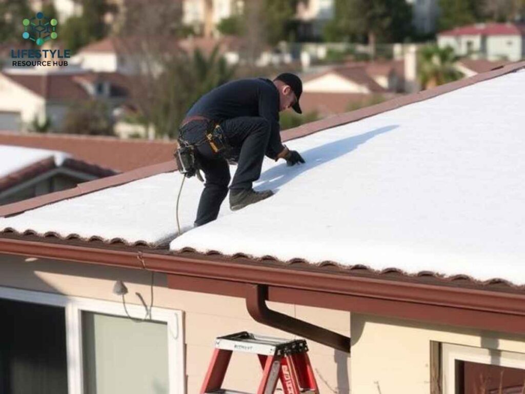 The Local Climate Shift: Preparing for LA’s New Winter Reality 2 Technician installing roof snow-guards on South Land Park home with Los Angeles neighborhood backdrop