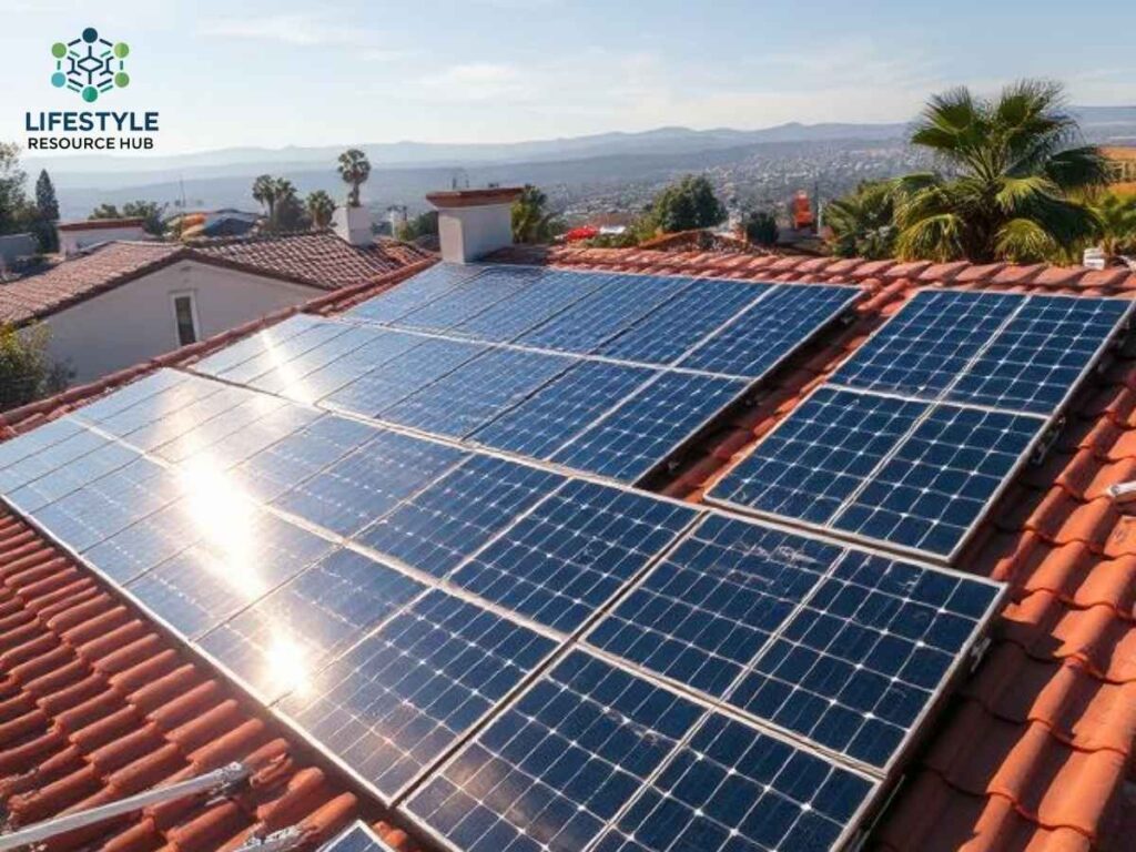 Sparkling clean solar panels on residential roof in Los Angeles Signal Hill area