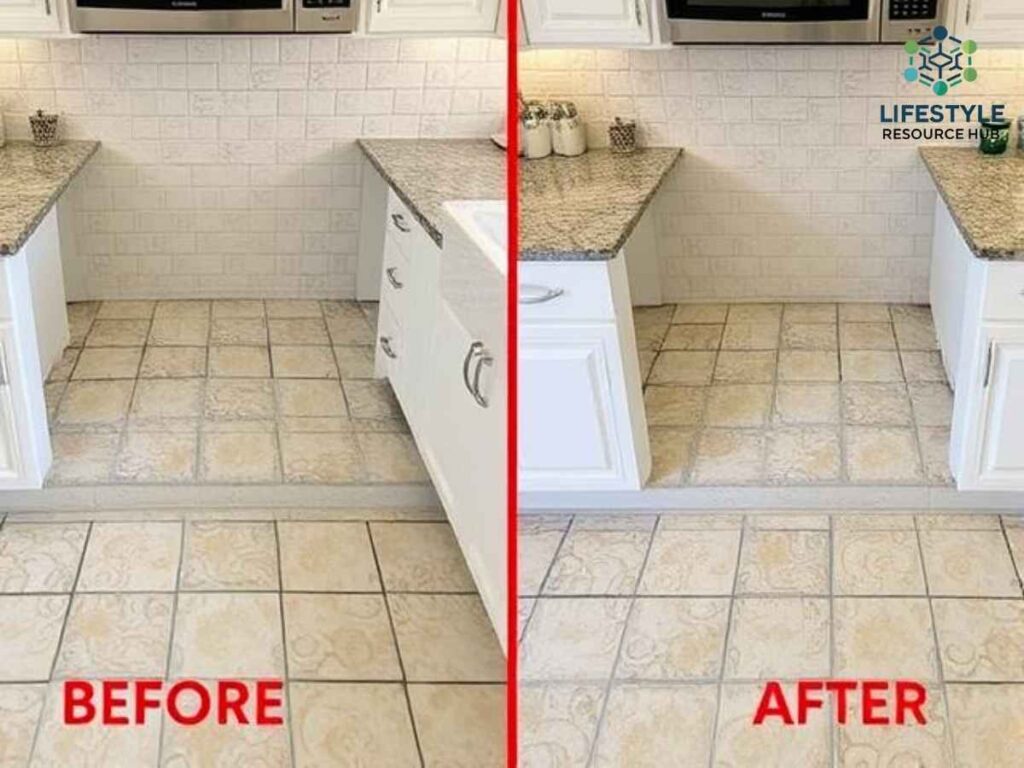 Before and after of sparkling kitchen tile grout cleaning in Los Angeles kitchen