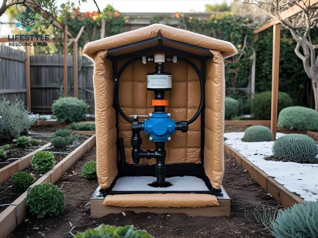 Insulated irrigation valve box in Los Angeles Old Fig Garden prepared for winter protection