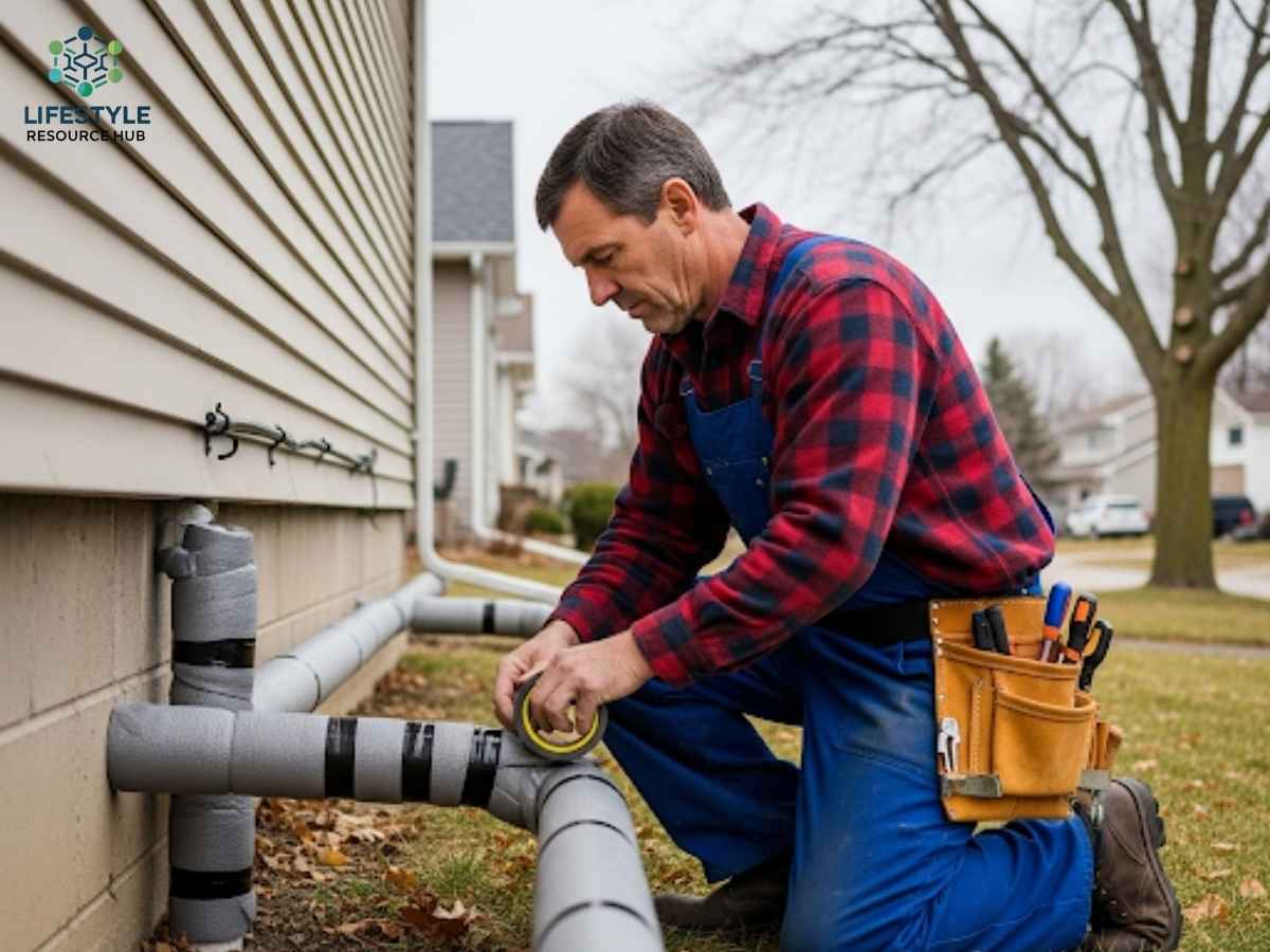Plumber wrapping pipes for winter insulation in Valencia Park Los Angeles