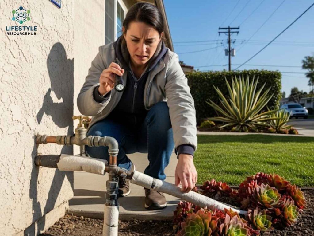 Homeowner inspecting outdoor plumbing to prevent pipe freeze in Los Angeles