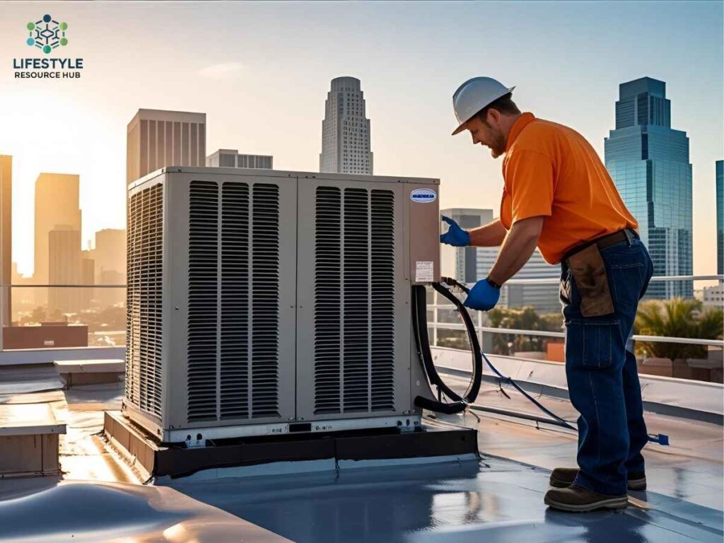 Preventative AC Maintenance Before Julian’s Summer Heat in Los Angeles 2 Rooftop air conditioning unit receives a full tune-up during intense summer temperatures in downtown Los Angeles
