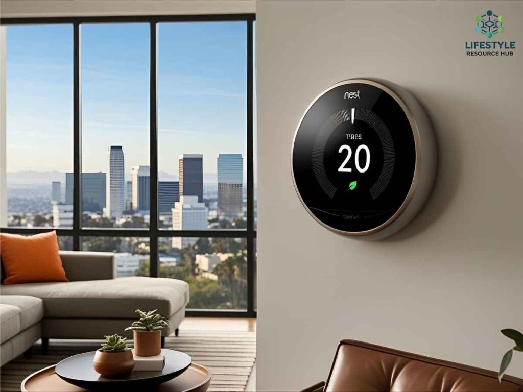 San Jose Smart Thermostats: EcoBee vs Nest in Los Angeles 2 Google Nest thermostat on a living room wall in a Los Angeles home, with cityscape in background, showing energy savings and convenience