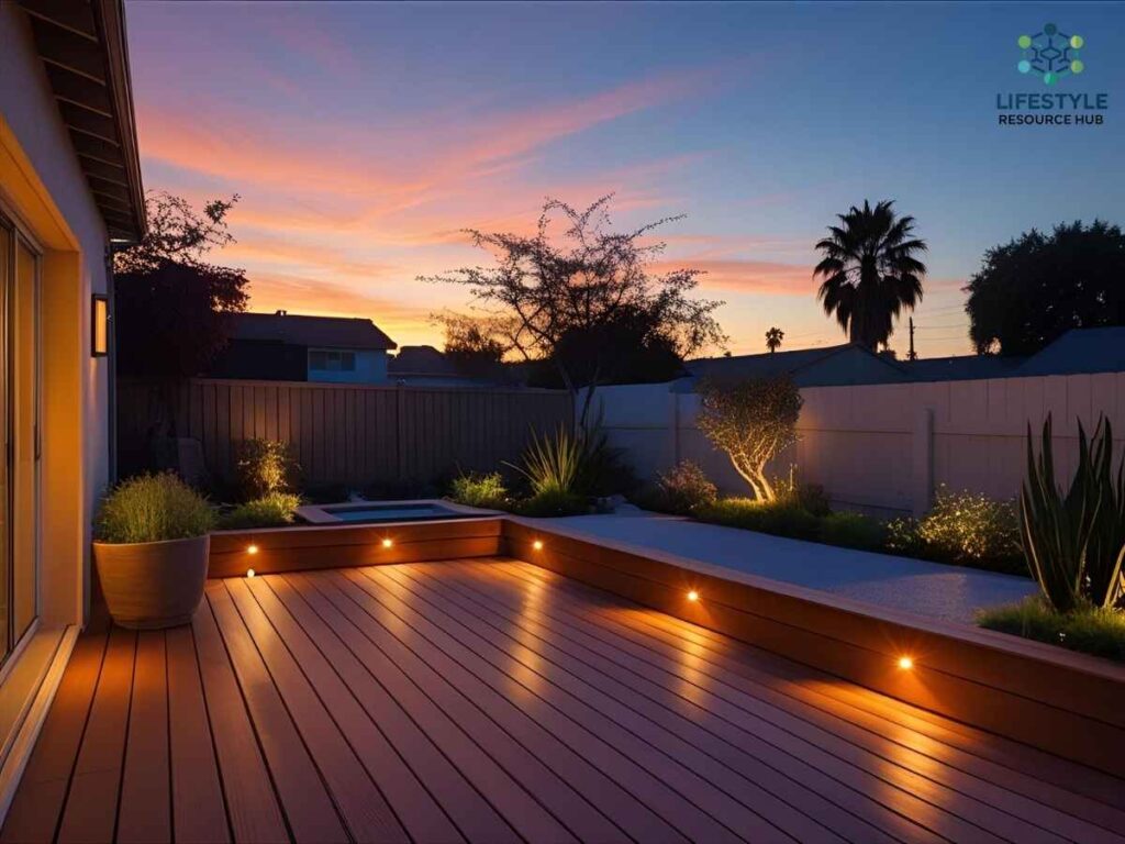 Deck Lighting Ideas for San Jose Evenings in Los Angeles 1 Warm ambient deck lighting in Los Angeles backyard at dusk